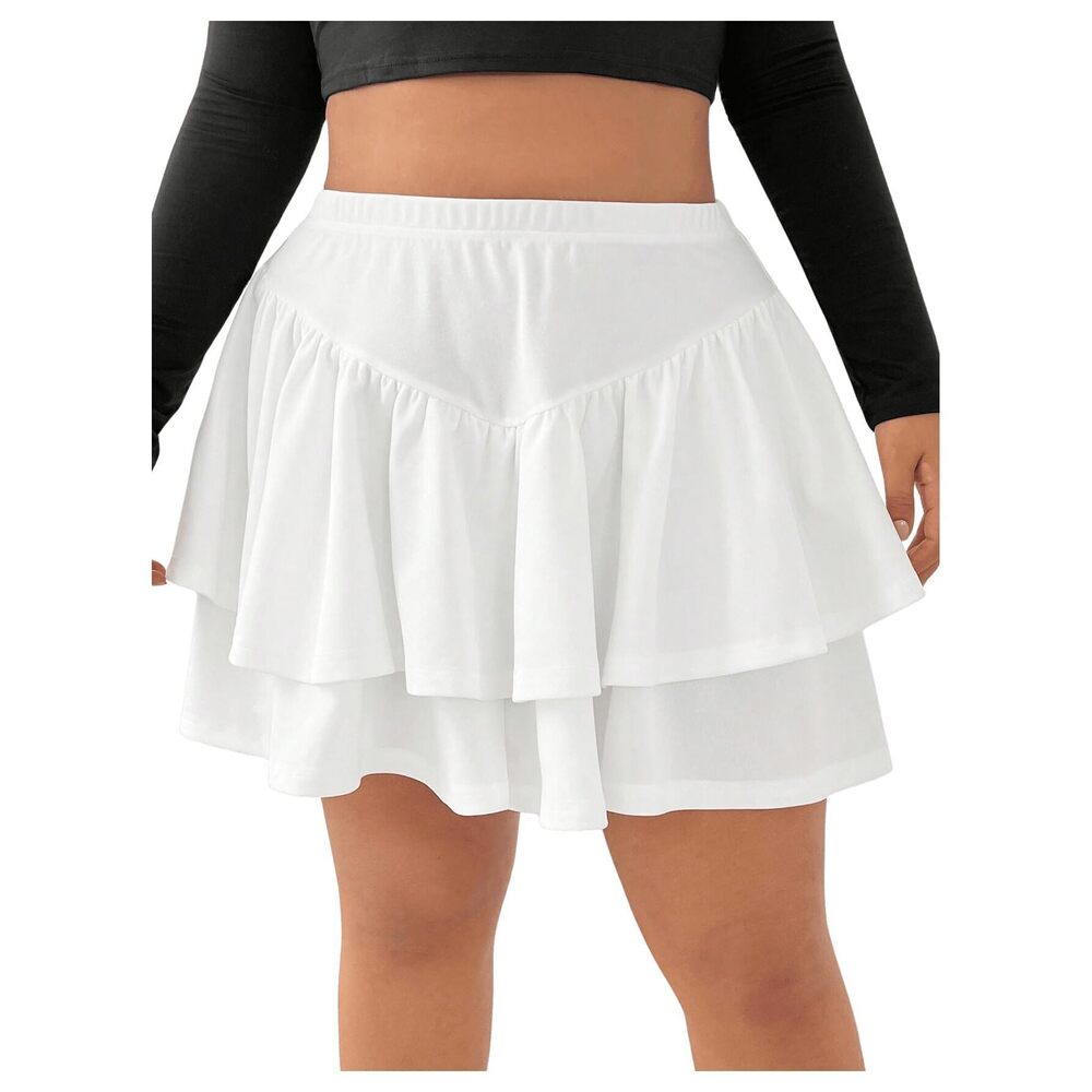 7008 Plus Size Mini Skirt High Waisted Ruffle Tiered Loose Fit A Line Short